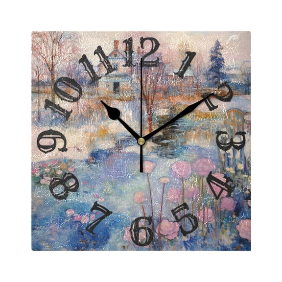 Painting Lake Houses Wall Clock Square Silent Non Ticking Battery Operated Clock for Home Bathroom Kitchen Bedroom Living Room