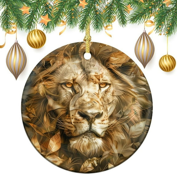 Painting Of A Lion With Leaves And Flowers Christmas Ceramic Ornament Forest King Face Wild Animal Double Sided Porcelain 3 Inch Keepsake Funny Christmas Hanging Tree Decor Ornament Housewarming Gift