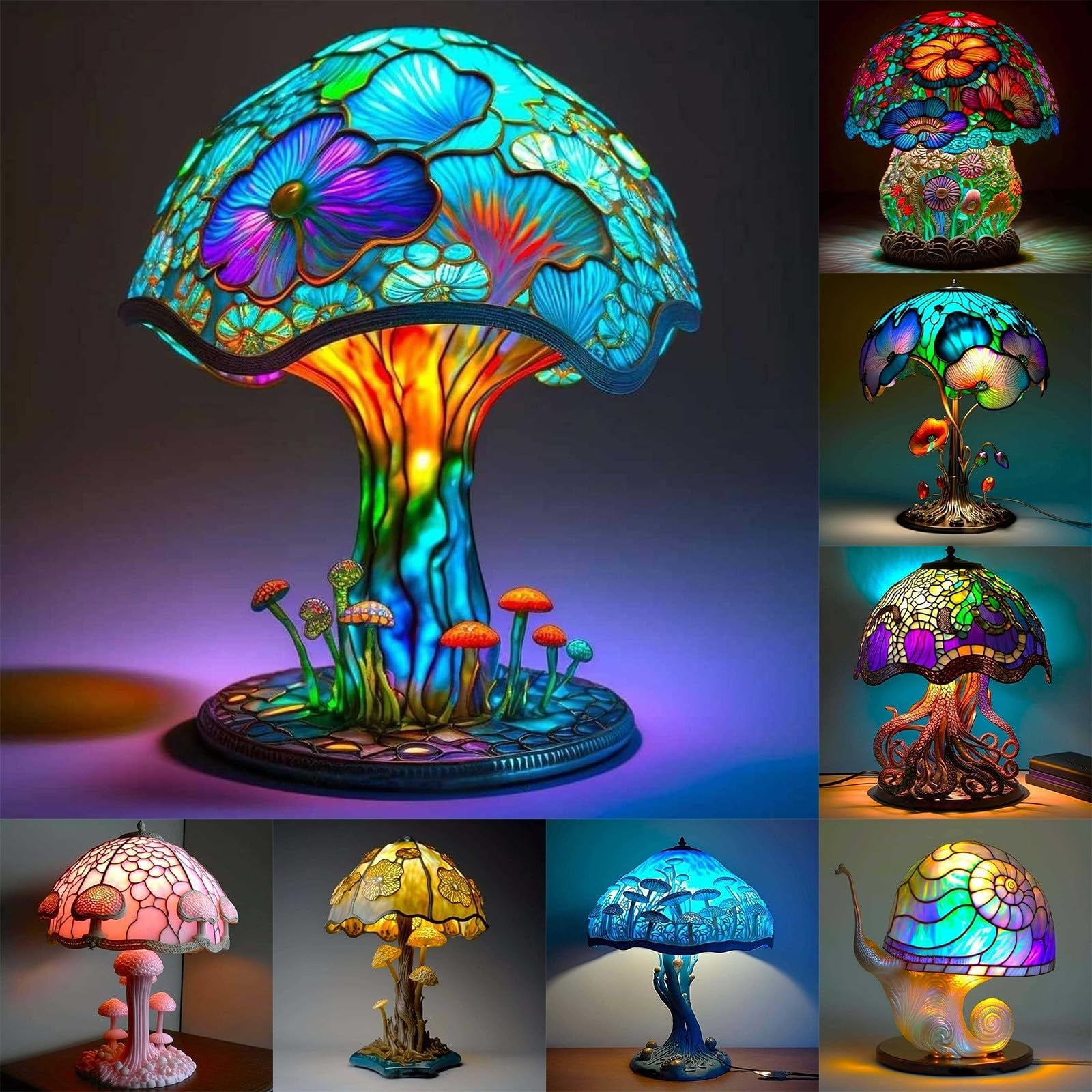 Painting Mushroom Table Lamp, Plant Table Lamp, Stained Glass Colorful Resin Plant Table lamp, Christmas Decoration Bedroom Living Room Home Office Decor Gift (15CM)