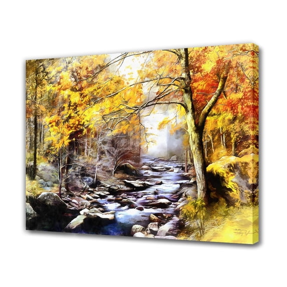 Painting Of A Stream In A Forest With Trees And Leaves Canvas Poster Bedroom Decor Sports Landscape Office Room Decor Gift,Frame-style,12x18inch(30x45cm)