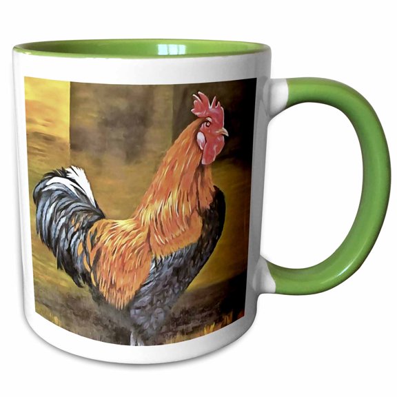 3drose, Painting of an Elegant Farmyard Rooster with Distinct Comb and Wattle, 11oz Two-tone Green Mug