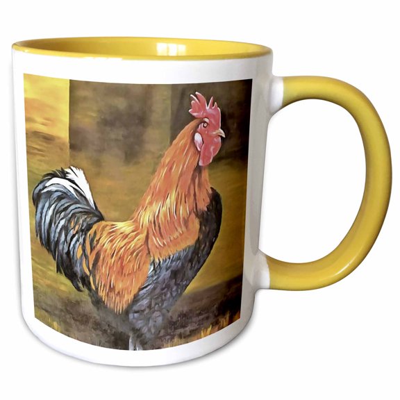 3drose, Painting of an Elegant Farmyard Rooster with Distinct Comb and Wattle, 11oz Two-tone Yellow Mug