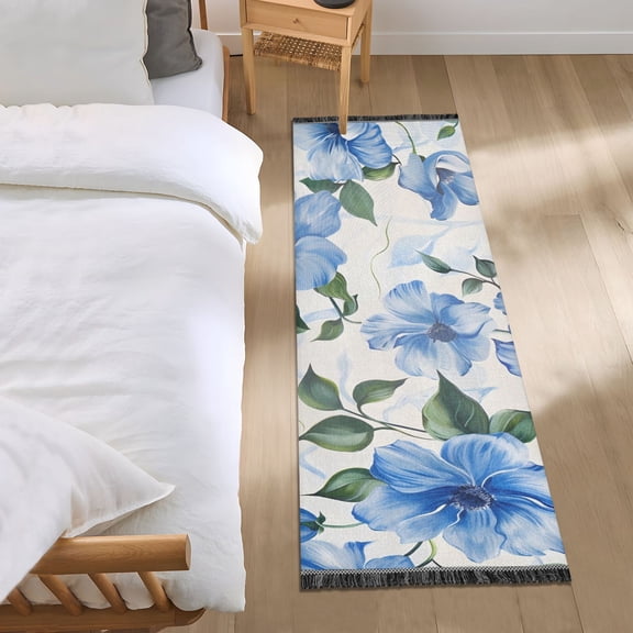Painting Of Blue Flowers Bedside Runner Rug 2'x 6' Non Slip Carpet Floor Mat Area Rug