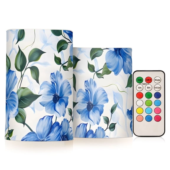 Painting Of Blue Flowers Flickering Flameless Candles LED Tealight Battery Operated with Remote Set of 2 Holiday Decor Ornaments