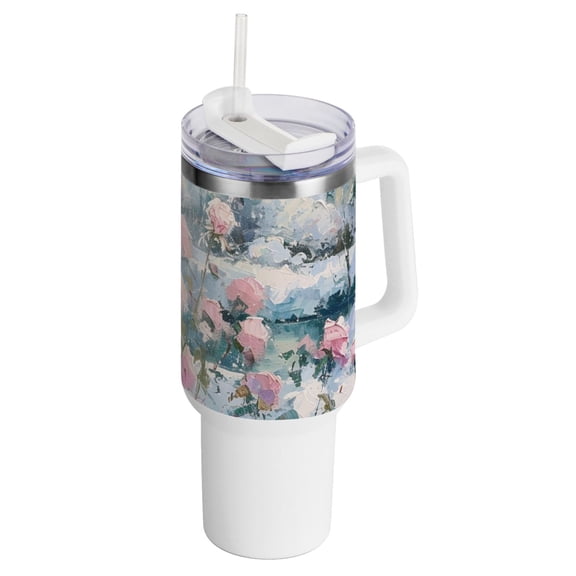 Painting Of Flowers Snow 40 oz Tumbler with Handle InsulatedTravel MugLid Straw Leak Proof Steel Vacuum Water Bottles Glasses Fits in Car Cup Holder