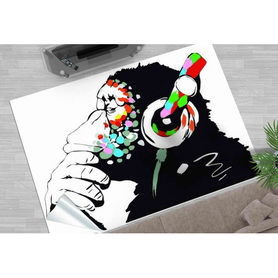 Painting Rug, Monkey Graffiti Rug, Pattern Rug, Music Graffiti Rug, Dj Monkey Rugs, Banksy Thinking Monkey Rug, Outdoor Rug, Man Cave Rug, 3.3'x9.2' - 100x280 cm