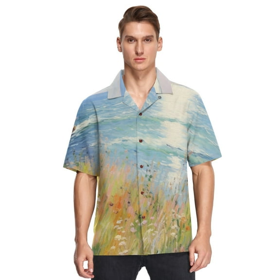 Painting Sea Ship Leaves Men's Hawaiian Wrinkle Free Button Down Short Sleeve Shirt Casual Shirts Beach Shirts