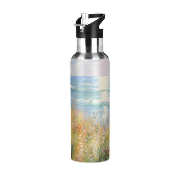 Painting Sea Ship Leaves Sports Water Bottle with Straw Lid Insulated Stainless Steel Leak Proof BPA Free Thermal Mug with Handle for Gym Yoga Cycling Camping