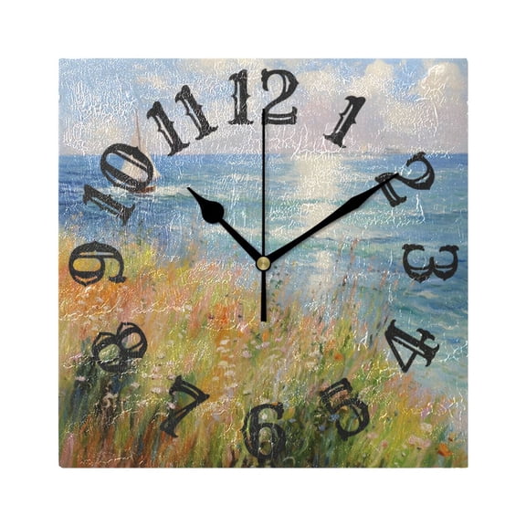 Painting Sea Ship Leaves Wall Clock Square Silent Non Ticking Battery Operated Clock for Home Bathroom Kitchen Bedroom Living Room