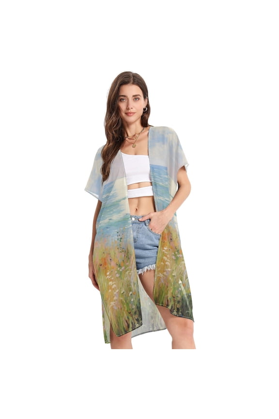 Painting Sea Ship Leaves Women Swimsuit Cover up V Neck Beach Dress Short Sleeve Vacation Outfits Swimwear