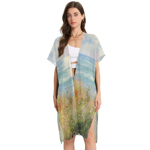 Painting Sea Ship Leaves Women Swimsuit Cover up V Neck Beach Dress Short Sleeve Vacation Outfits Swimwear