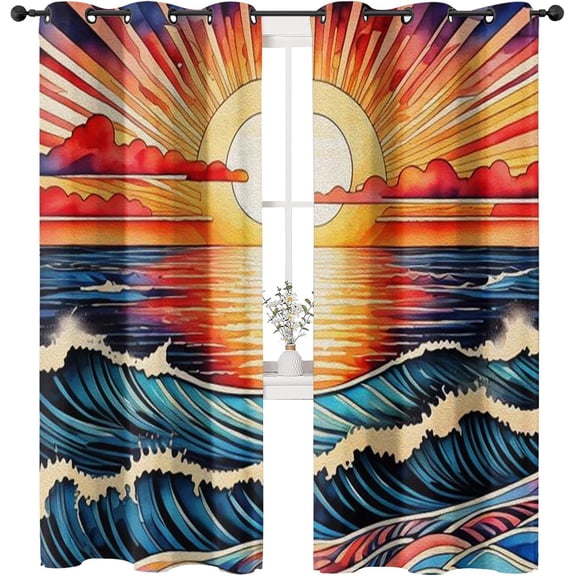 Painting Sea Sunset Curtains for Living Room, Ocean Red Beach Solid Thermal Insulated Grommet Drapes, Room Darkening Window Curtain Panels 53"W x 96"L (Pack of 2)