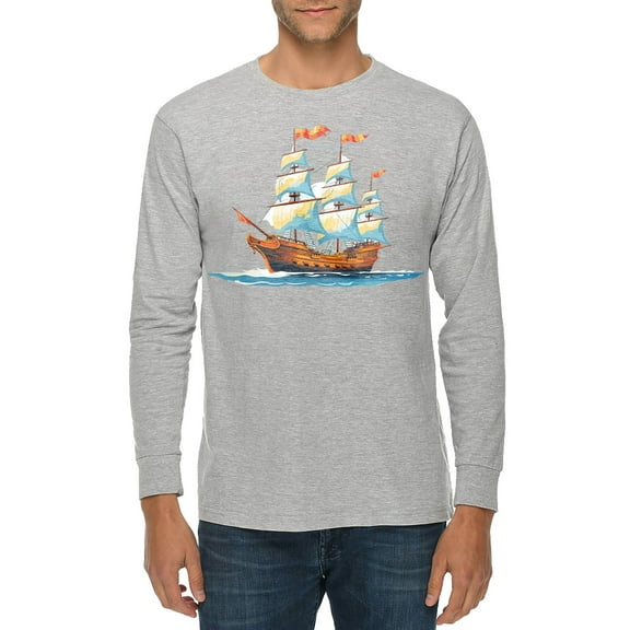 Painting Ship With Sails Graphic Long Sleeve Crewneck Tee - Heather Grey 2XL
