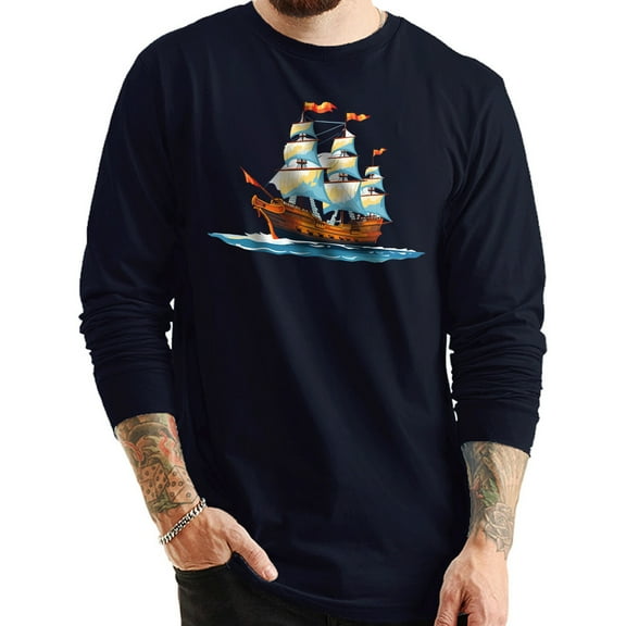 Painting Ship With Sails Graphic Long Sleeve Crewneck Tee - Navy 3XL
