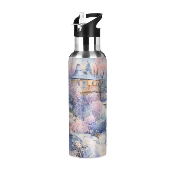 Painting Snow Houses Trees Sports Water Bottle with Straw Lid Insulated Stainless Steel Leak Proof BPA Free Thermal Mug with Handle for Gym Yoga Cycling Camping
