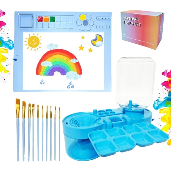 Painting Station, Paint Brush Cleaner (Upgraded) and Silicone Painting Mat 20"X16" with 10 Paint Brushes, Leak Proof Paint Brush Rinser, Gift for Adults Artist Beginners