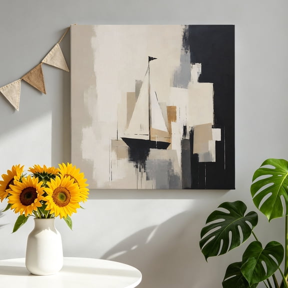 Painting Style Canvas Wall Art for Living Room, Abstract Harbor Shapes Beige Sailing Boat Modern Poster Print Painting for Bedroom Office Home Decoration Wall Pictures Prepare To Hang 8"x8"