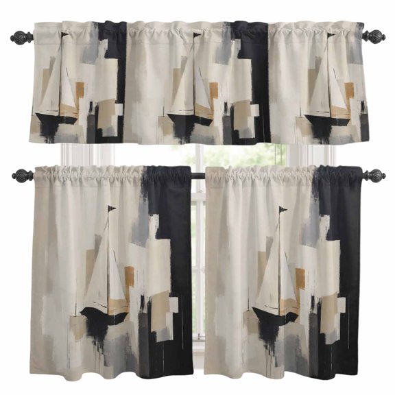 Painting Style Kitchen Curtains Valances 3 Piece Set, Abstract Harbor Shapes Beige Sailing Boat Modern Rod Pocket Tier Curtain and Valance Drapes for Small Window 36 Inch Length for Bedroom Cafe