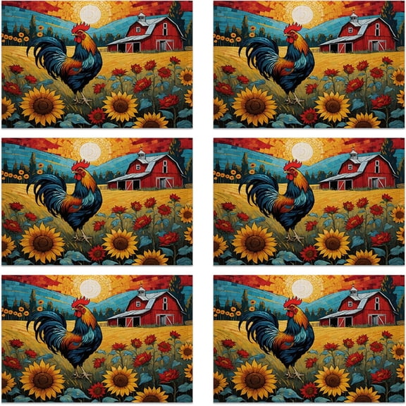 Painting Sunflowers Rooster 12x18 Inch Placemats Set of 6 - Waterproof, Non-Slip & Washable Table Mats for Kitchen & Dining Table Placemats