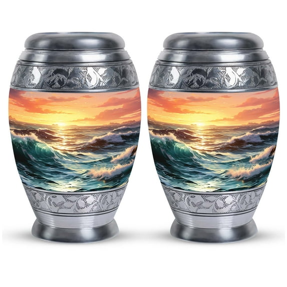 Painting Of Sunset Over Wave & OceanUrn For Ashes Adult Male, Cremation Urn For Women, Mini Urns For Ashes 3 Inch, Keepsake Urn For Human Ashes, Miniature Urns For Human Ashes, Metal Urns 2PCS