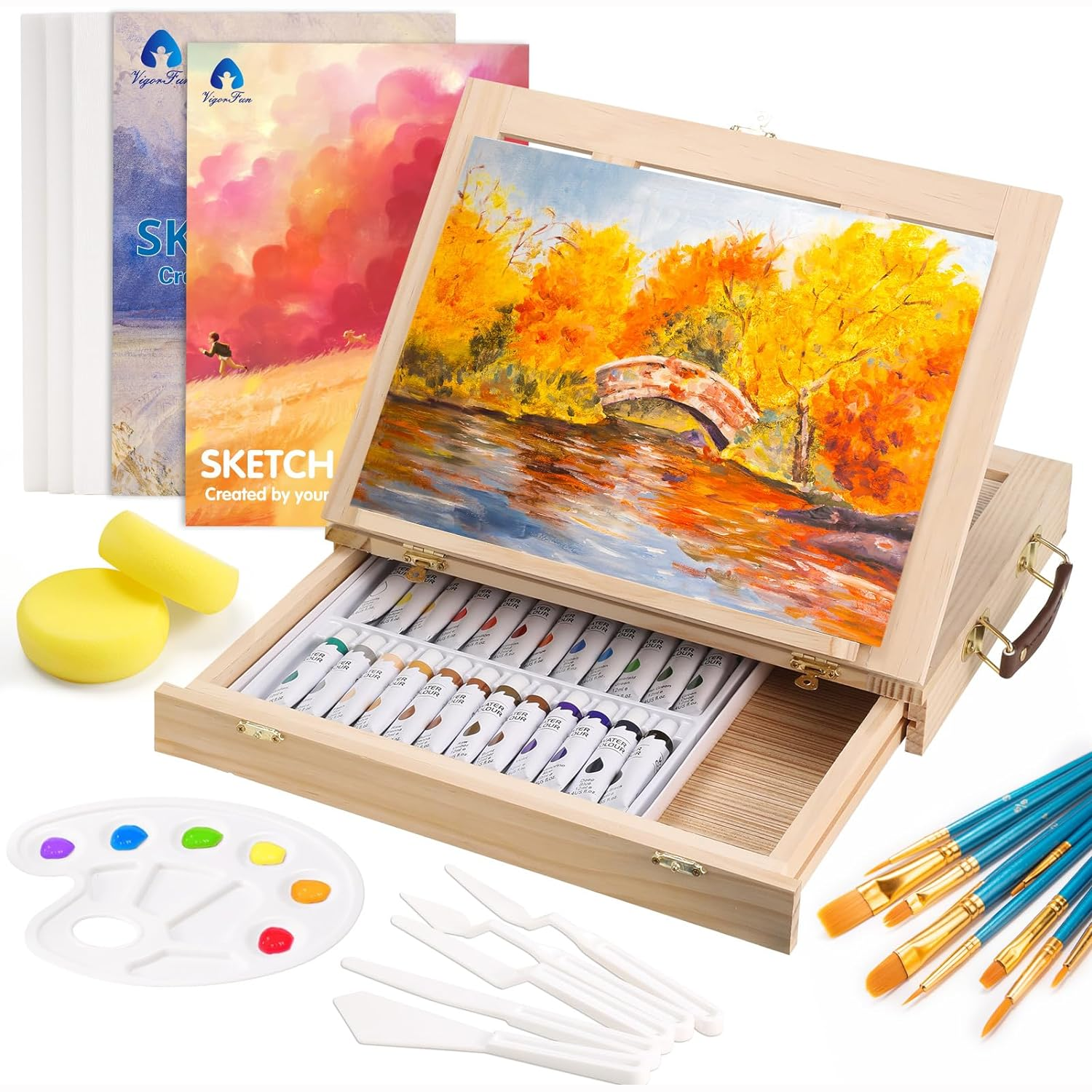 Painting Supplies Set, 49 Pieces Watercolor Painting Kit with Wooden Tabletop Easel, Includes Watercolor Paints, Brushes, Palette, Canvas Panels and Painting Pads