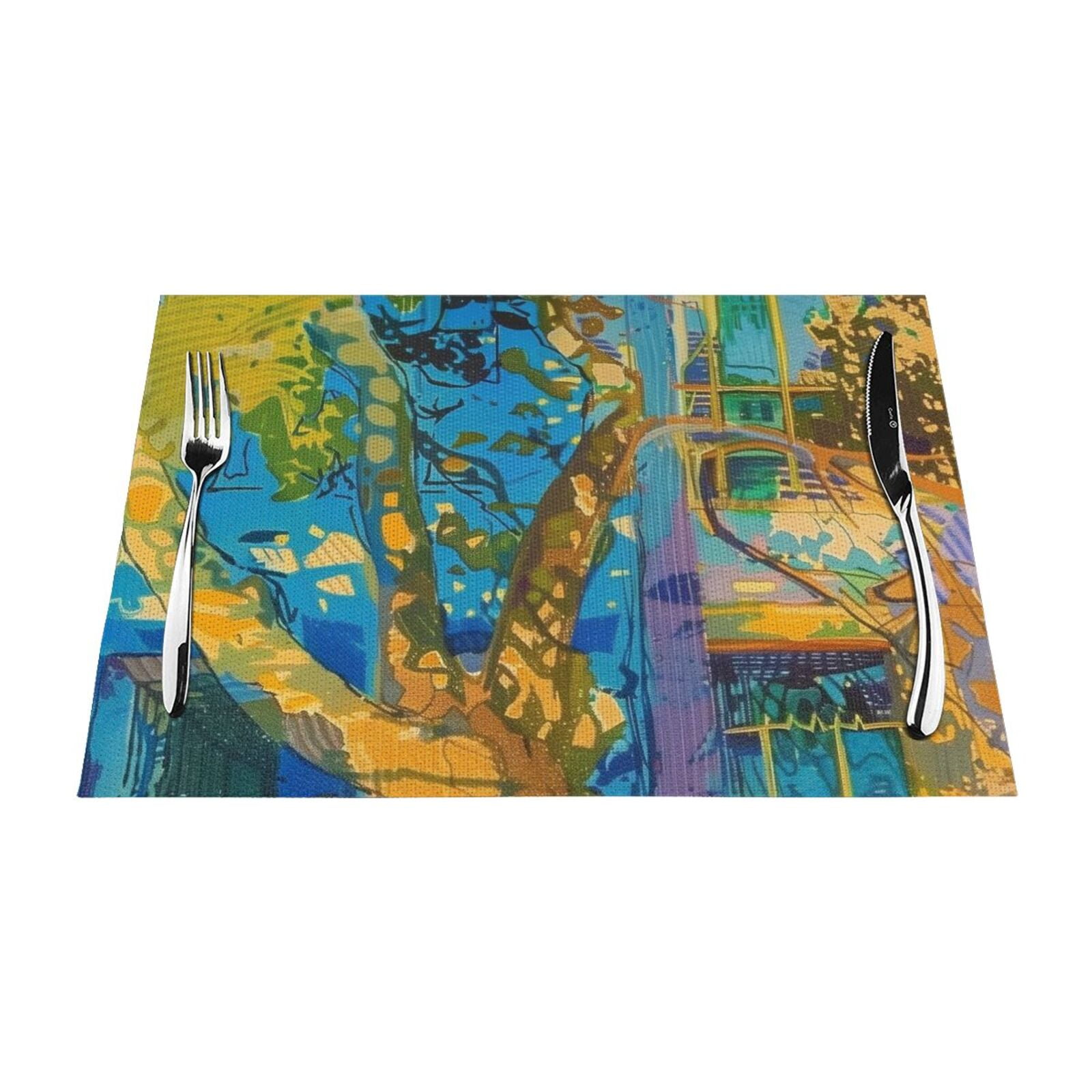 Painting of Tree and Building with Colors and rokes Meal mat, heat