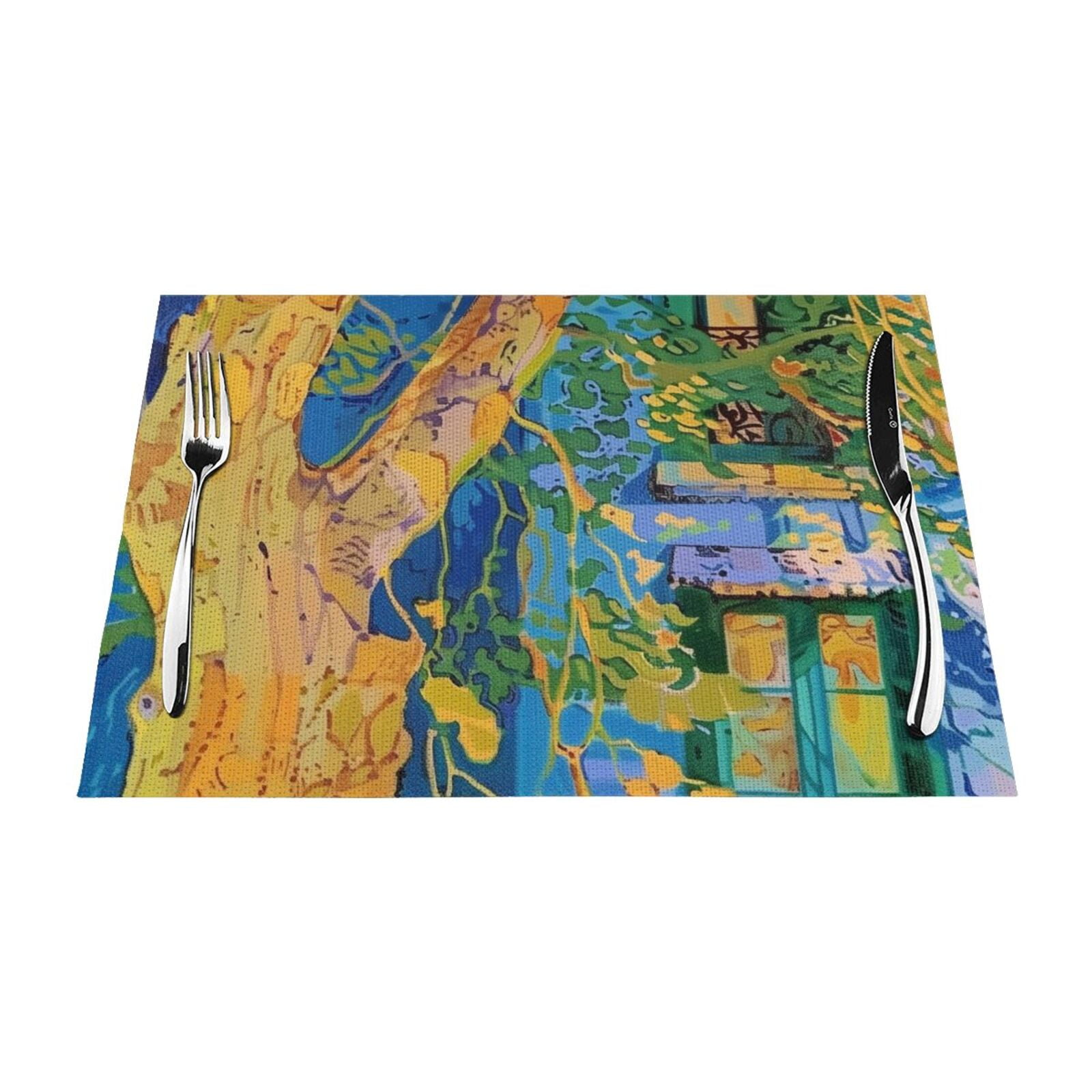 Painting of Tree and Building with Colors and rokes Meal mat, heat