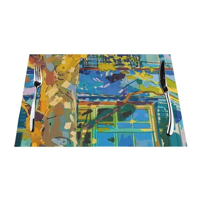 Painting of Tree and Building with Colors and rokes Meal mat, heat