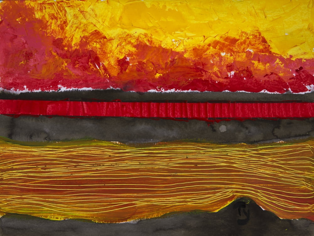 Painting of a colourful sunset reflected in water and the horizon Canvas Art - Tara Thelen Design Pics (34 x 26)