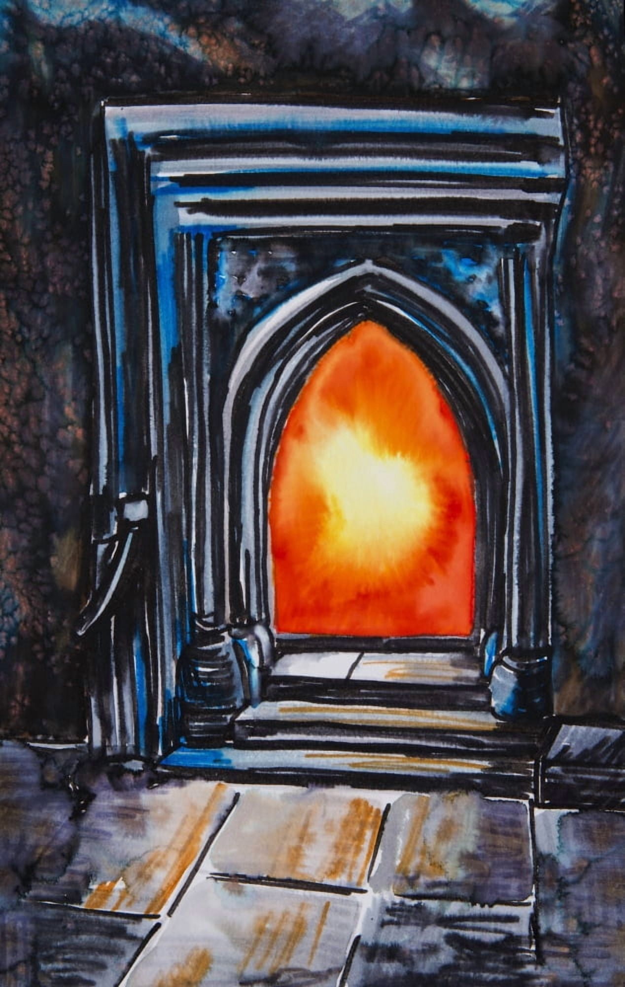 Painting of a glowing orange fire in a fireplace Canvas Art - Tara Thelen Design Pics (12 x 19)