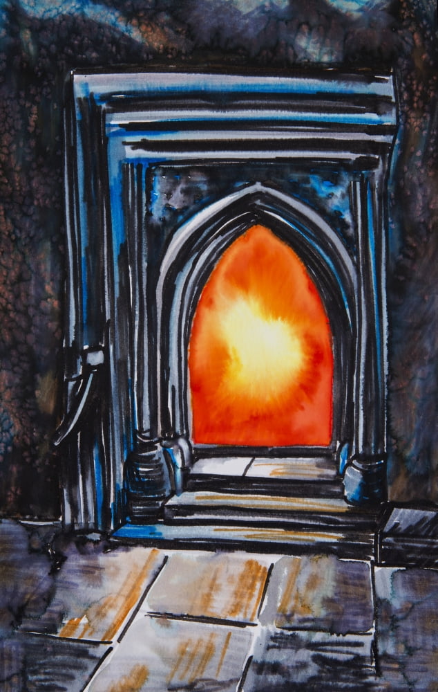 Painting of a glowing orange fire in a fireplace Canvas Art - Tara Thelen Design Pics (24 x 38)