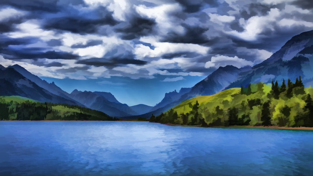 Painting of a lake and mountains in Waterton Lakes National park Alberta Canada Canvas Art - Ron Harris Design Pics (40 x 22)