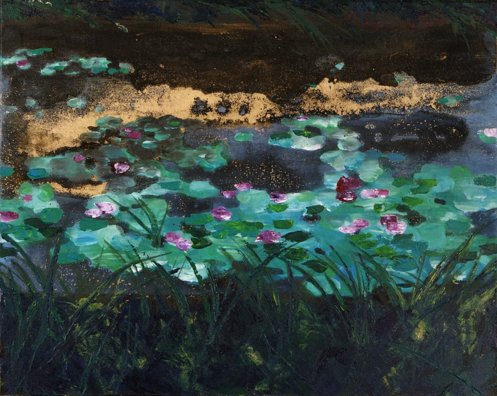 Painting of a pond with lily pads and water lilies Canvas Art - Tara Thelen Design Pics (17 x 13)