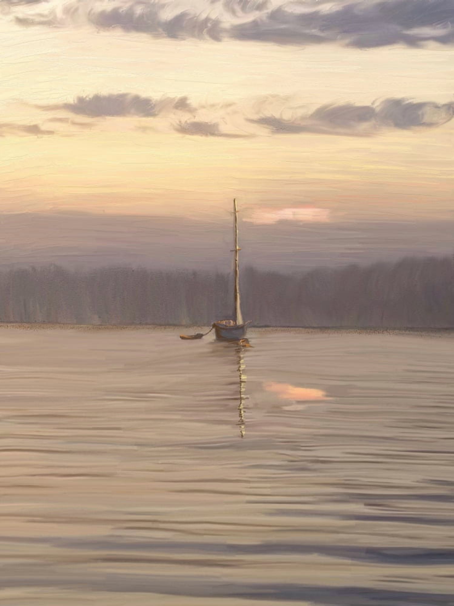 Painting of a sailboat on the tranquil lake water at dawn Canvas Art - Angela A Stanton Design Pics (13 x 17)