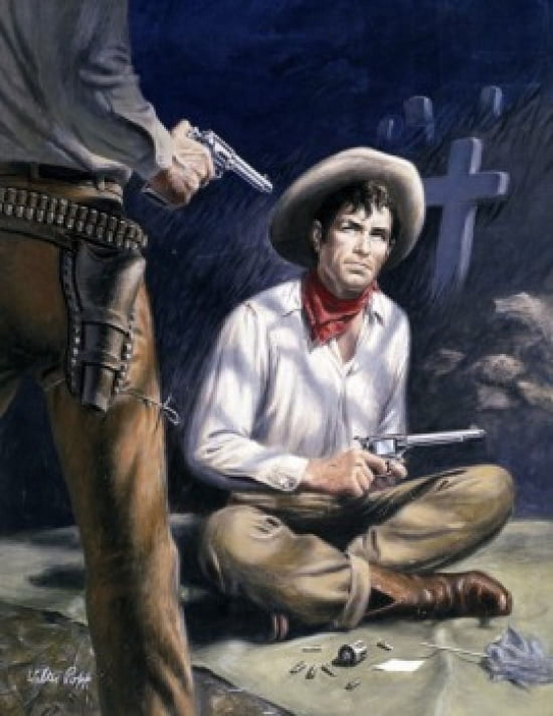 Painting of cowboy threatening other cowboy with gun Canvas Art - (24 x 36)