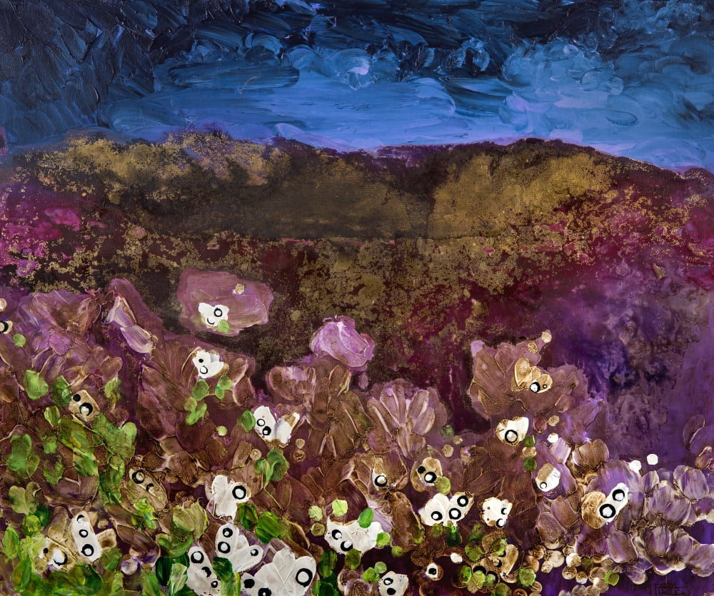 Painting of landscape with storm clouds over a mountain and flowers Canvas Art - Tara Thelen Design Pics (16 x 13)