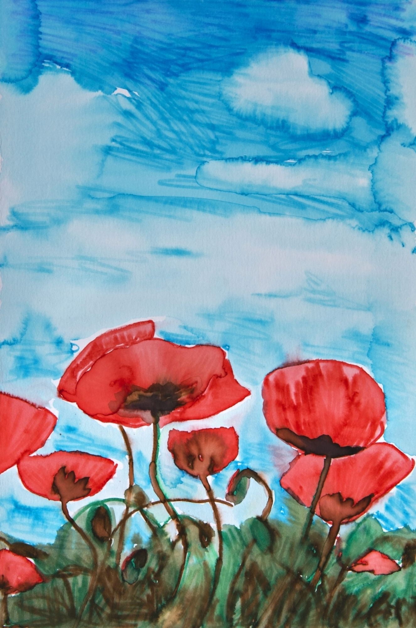 Painting of red poppies and a blue sky Canvas Art - Tara Thelen Design Pics (24 x 36)