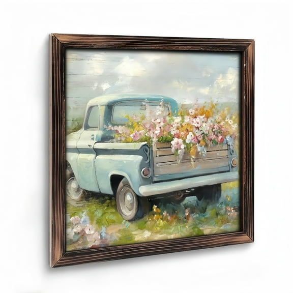 Paintings Art Prints : Farmhouse Truck Framed Wooden Art Prints Wall Art, Vintage Blue Car Wood Painting Anique Pickup Picture Country Flowers Print Rustic Barn Landscape Artwork for Bedro