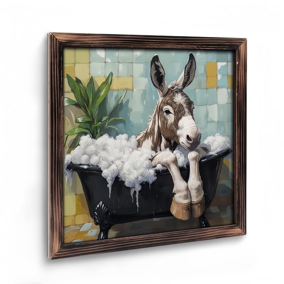 Paintings Art Prints :  Funny Animal Cute Donkey Wooden Art Prints Bath Painting Artwork for Toddler Children Bedroom Nursery Home Decoration .8x8Inch