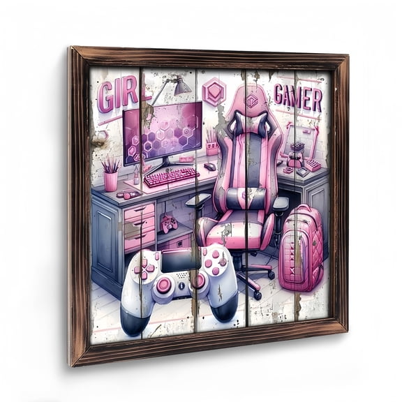 Paintings Art Prints : GIRL GAMER Rustic Gamepad Headphone Wooden Art Prints, Pink Gaming Posters Video Game Painting for Girls Boy Playroom Decoration .8x8Inch Vintage 0808inch(2020cm