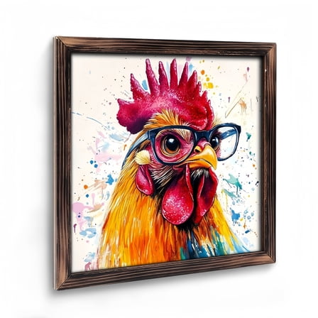 Paintings Art Prints : Rooster Wooden Art Prints  Farmhouse Wall Decor， Framed Funny Chicken with Glasses Painting Farm Animal Prints for Kitchen Living Room Home Office （08X 08in） Vintage
