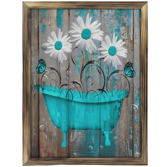 Paintings Art Prints : Rustic Teal Brown Farmhouse Bathroom Decor Daisy Flowers Butterflies Vintage Bathtub Country Bath Wall Art Matted Picture Vintage Floral Poster for Bedroom Living