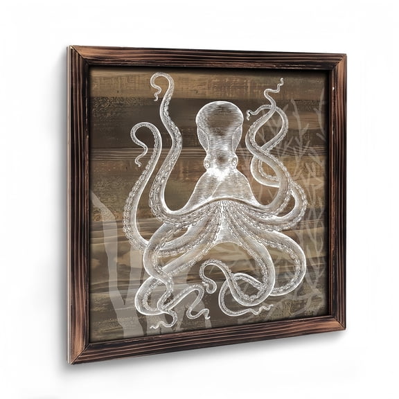 Paintings Art Prints : Vintage Octopus Bathroom Wall Art Decor, Ocean Sea Theme Wood Print Picture Framed Maine Life Coastal Artwork Beach  for Bedroom Home Office . 8x8Inch