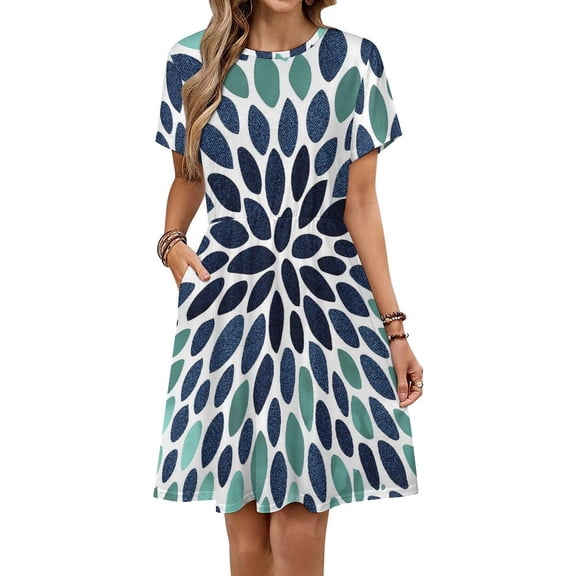 Paintings Flowers, Teal, Aqua, Navy Blue Dress Summer Street Style Dresses Female Short Sleeve Printed Sundress
