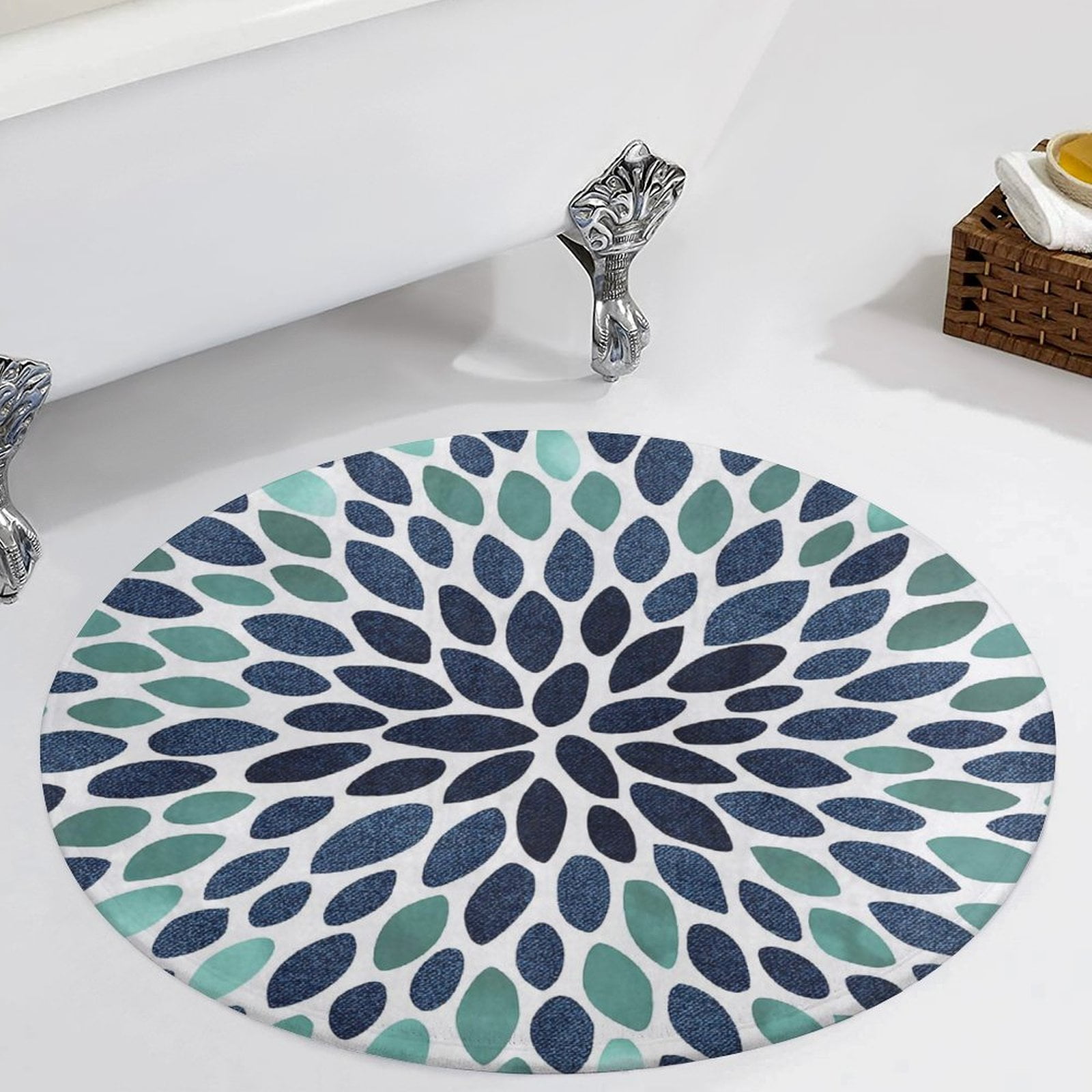 Paintings Flowers, Teal, Aqua, Navy Blue Round Carpet Circle Rug ...