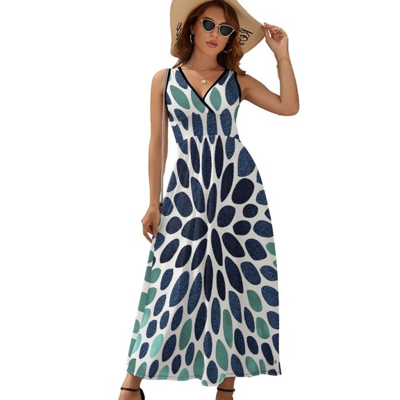 Paintings Flowers, Teal, Aqua, Navy Blue Womens Night Club Maxi Dress V Neck Sleeveless Bohemia Long Dresses