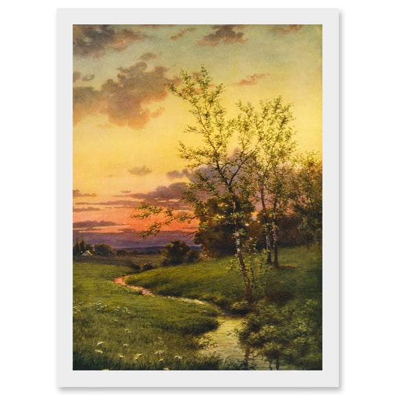 Paintings Landscape Sunset Countryside Tree Meadow Brook Stream Artwork Framed Wall Art Print A4