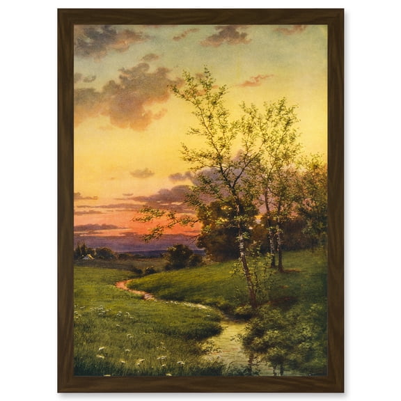 Paintings Landscape Sunset Countryside Tree Meadow Brook Stream Artwork Framed Wall Art Print A4