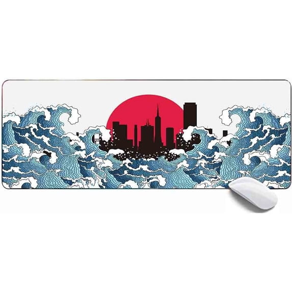 Paintings Mouse Pad Japan Ocean Wave Red Sun Asian Art Large Gaming Mouse Pad,Extended XL Mouse Mat Desk Pad 31.5x11.8x0.12IN,Stitched Edges Non Slip Mousepad for Computer,Office,Keyboard and Laptop