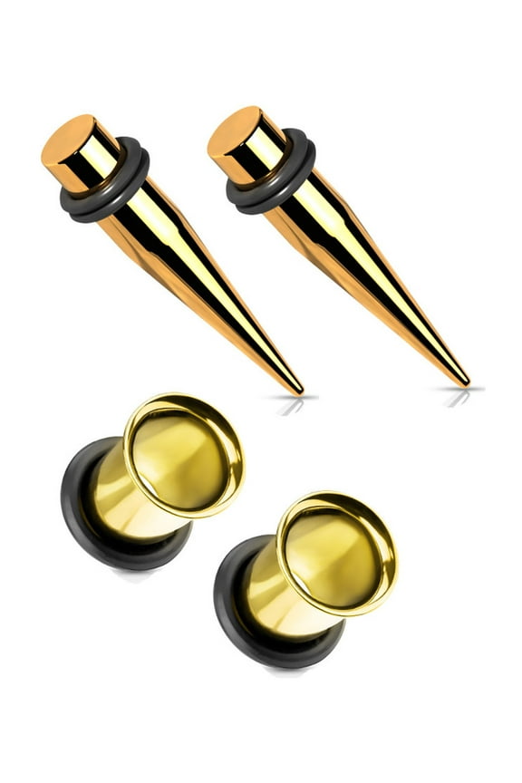 Pair 1g 7mm Gold Tapers and Single Flare Ear Stretching Kit Tunnels Gauges
